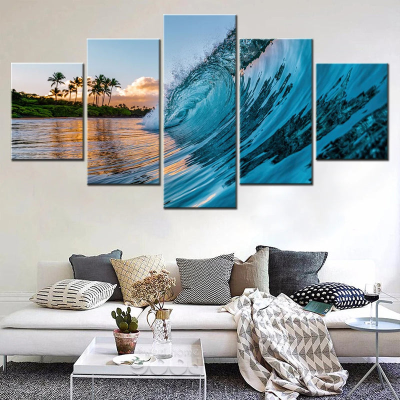 Nature Ocean Waves Palm Trees 5 Panels Painting Canvas Wall Decoration