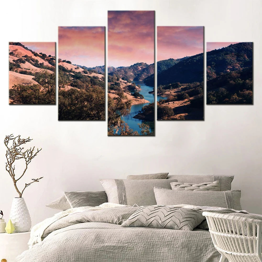 Nature Sunset Valley 5 Panels Painting Canvas Wall Decoration