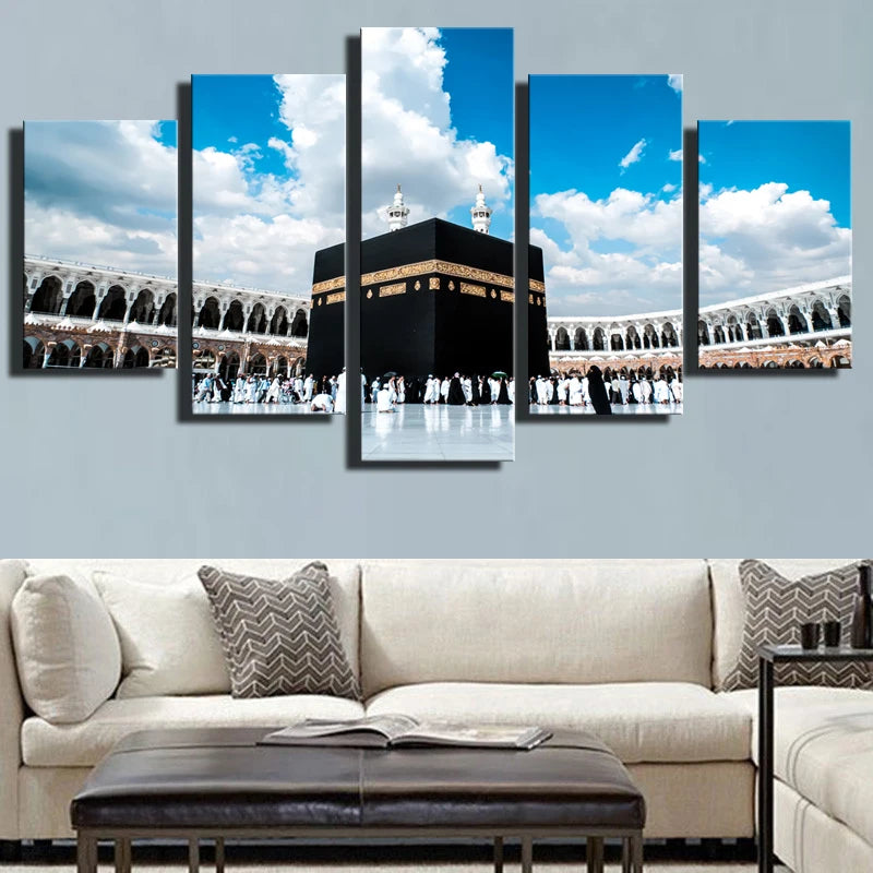 Islamic Religious Hajj Round 5 Panels Painting Canvas Wall Decoration