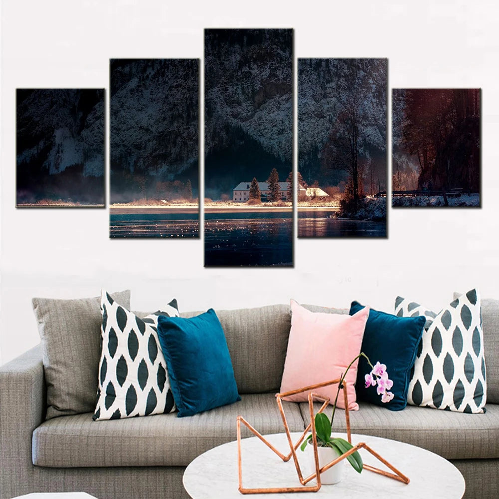 Nature Fall Lake house 5 Panels Painting Canvas Wall Decoration