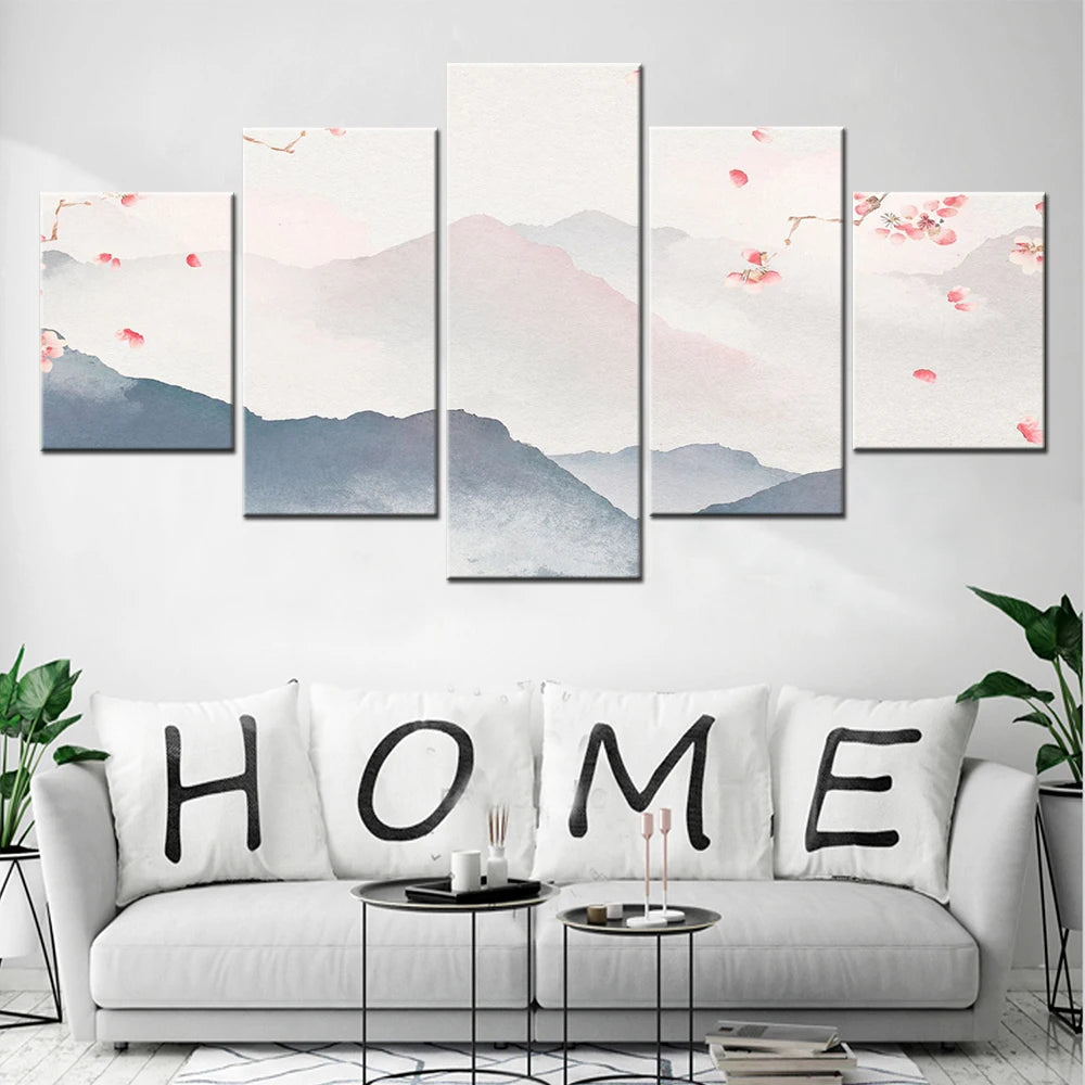Hazy Hills Cherry Trees 5 Panels Painting Canvas Wall Decoration