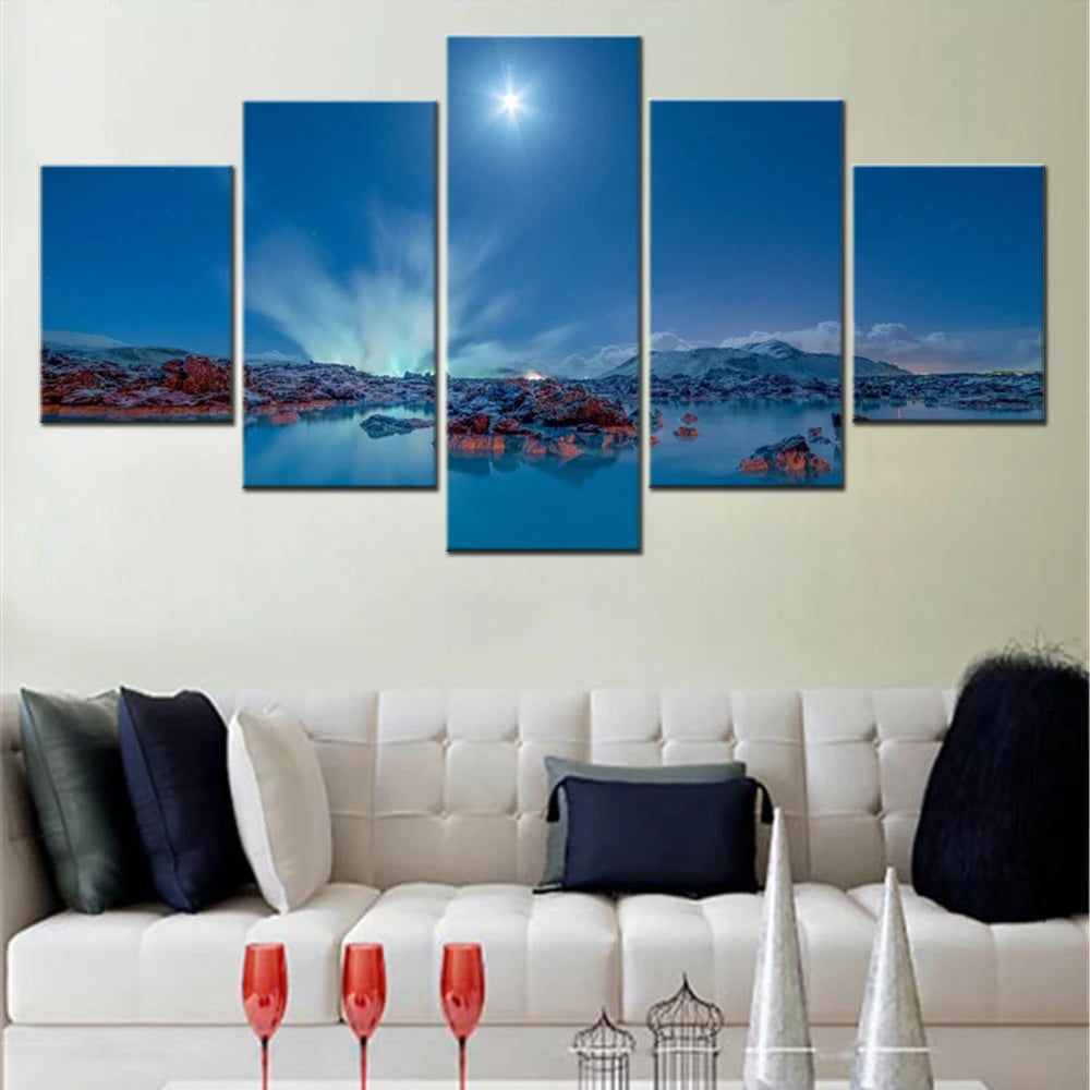 Sea Coast Iceland Lagoon Night Moon 5 Panels Painting Canvas Wall Decoration