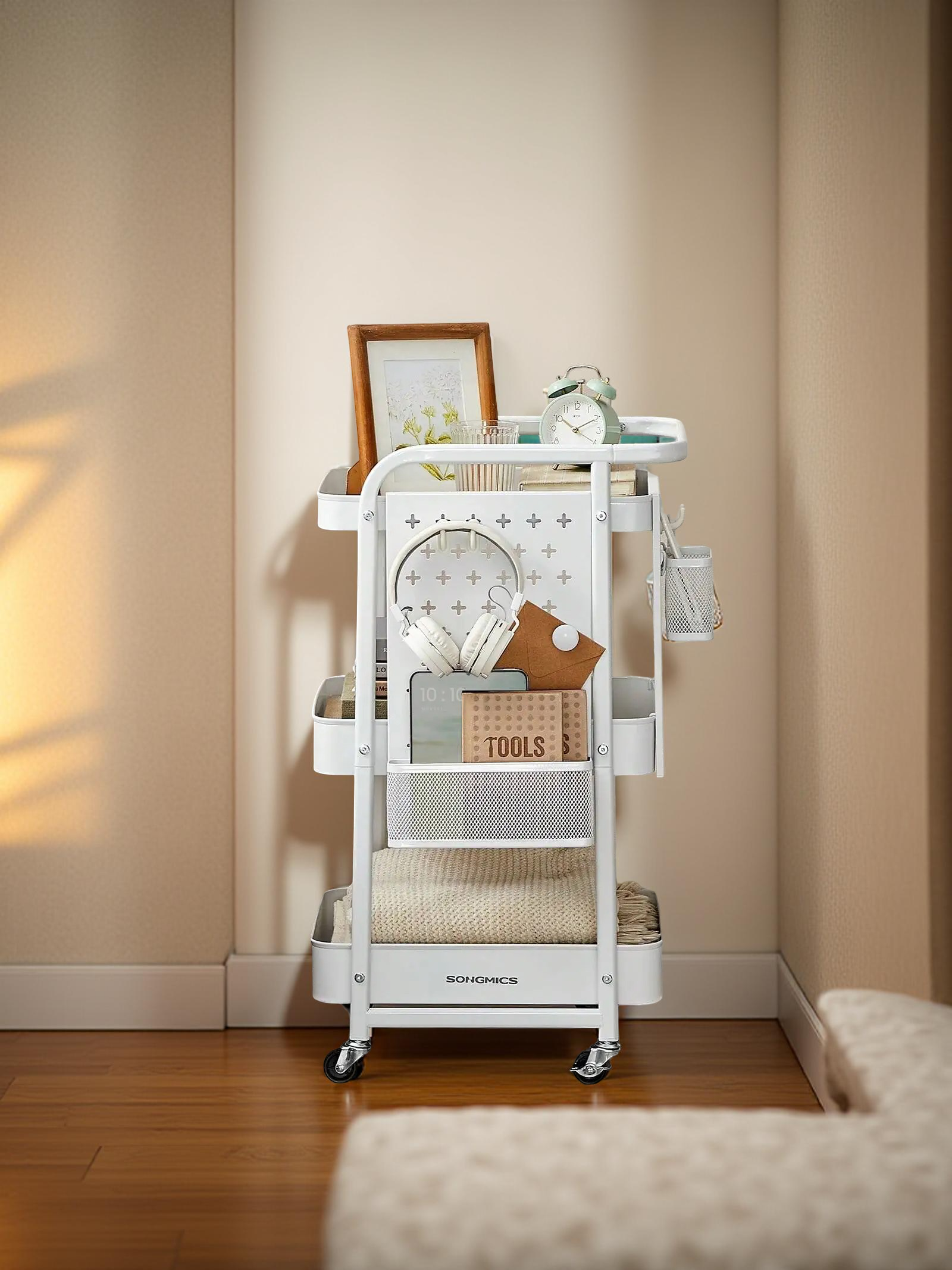 3-Tier Rolling Utility Cart with Pegboards & Hooks – Metal Mesh Storage Organizer