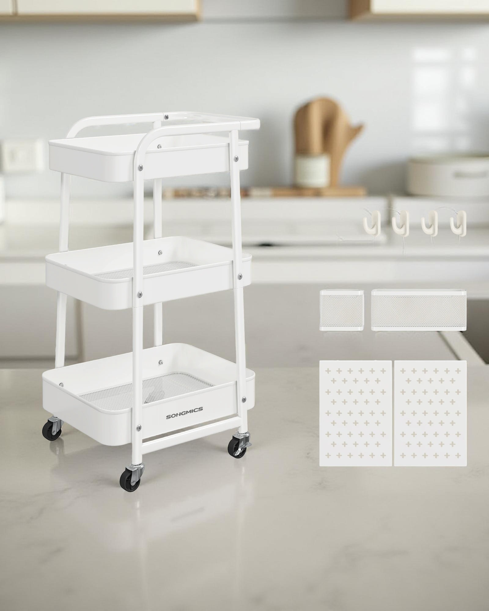 3-Tier Rolling Utility Cart with Pegboards & Hooks – Metal Mesh Storage Organizer