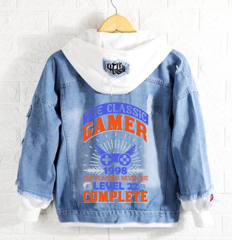 The classic gamer 1998 old player never die level 22 complete Denim Hoodie Jacket