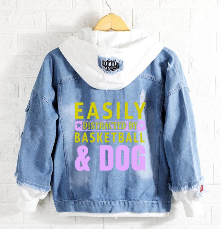 Easily distracted by basketball and dog Jeans Denim Hoodie Jacket