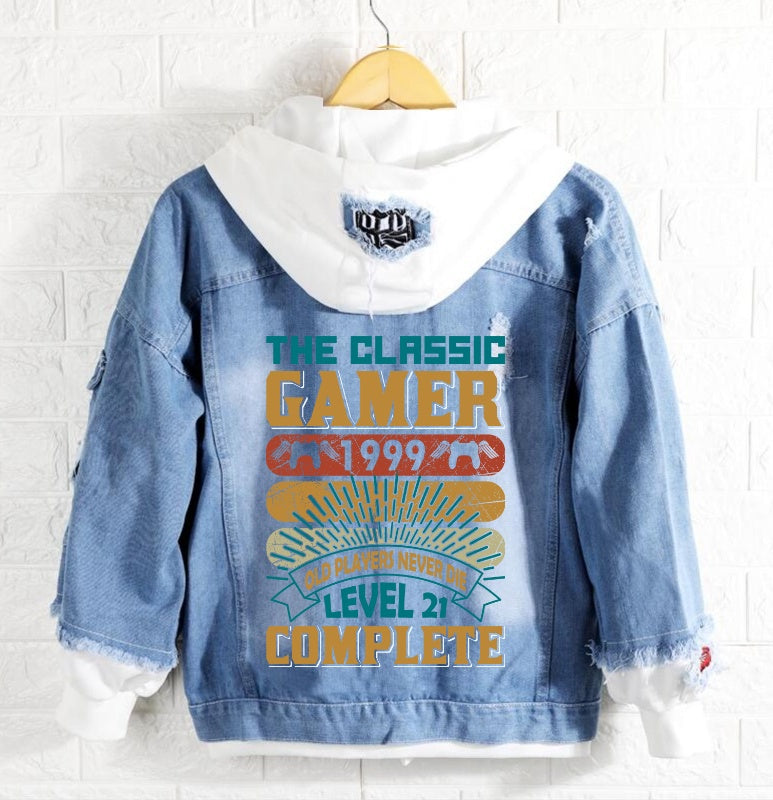 The classic gamer 1999 old player never die level 21 complete Denim Hoodie Jacket