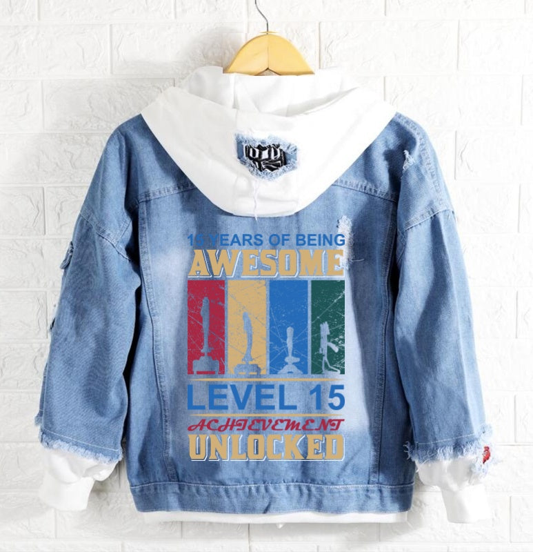15 years of being awesome level 15 achievement unlocked Denim Hoodie Jacket