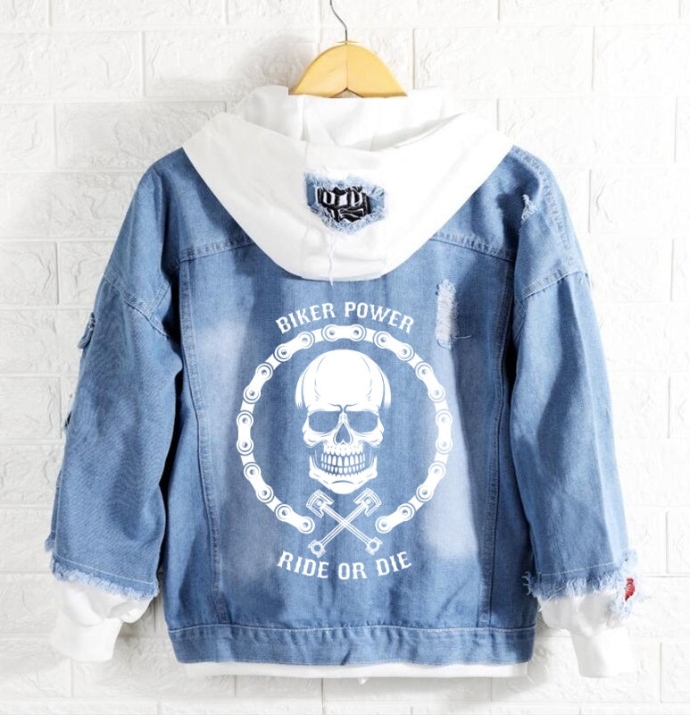 Skull Biker power ride or die Jeans Denim Hoodie Jacket