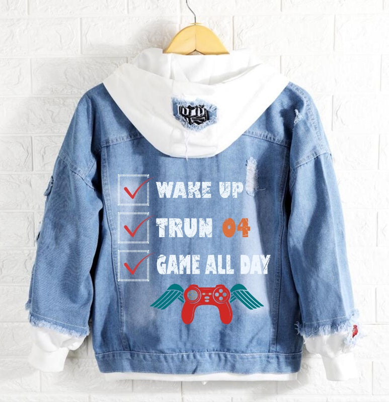 Wake up trun 04 game all day Denim Hoodie Jacket