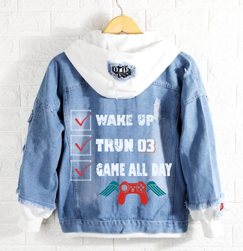 Wake up trun 03 game all day Denim Hoodie Jacket