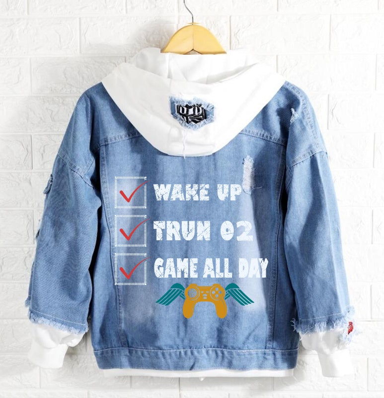 Wake up trun 02 game all day Denim Hoodie Jacket