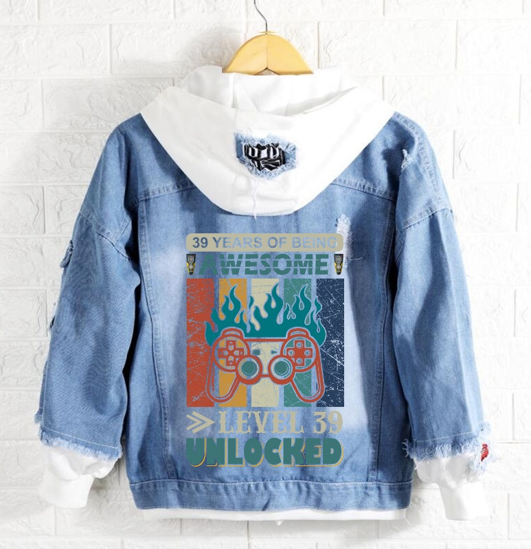 39 Years Of Being Awesome Level 39 Unlocked Denim Hoodie Jacket