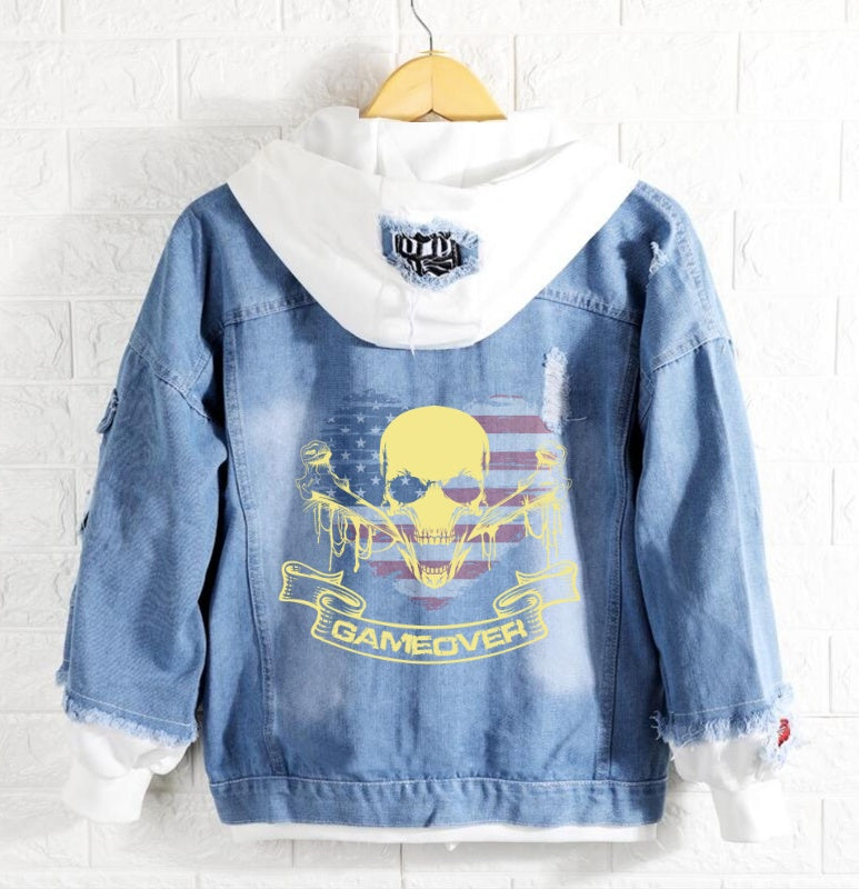 Skull game over Jeans Denim Hoodie Jacket