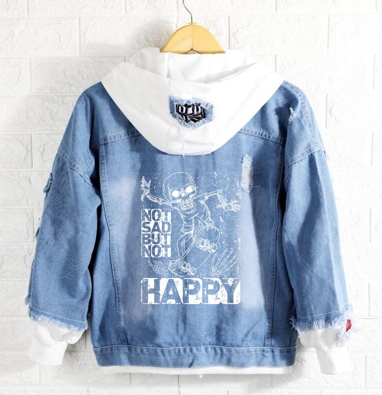 Skull not sad but not happy Jeans Denim Hoodie Jacket