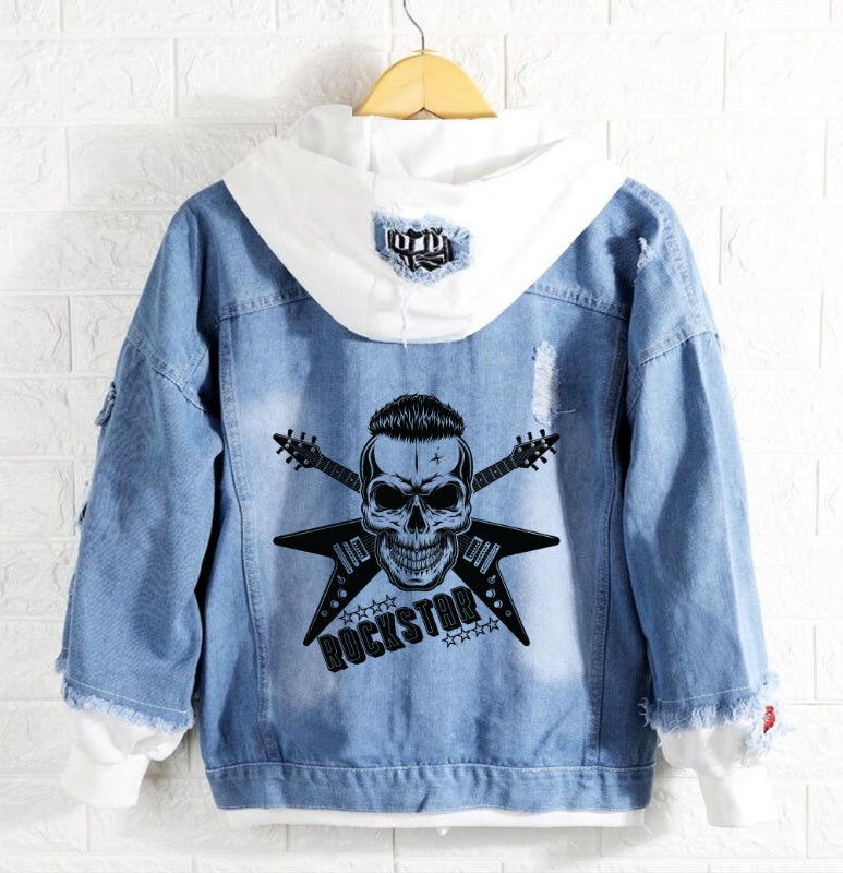 Skull Rock Star Jeans Denim Hoodie Jacket