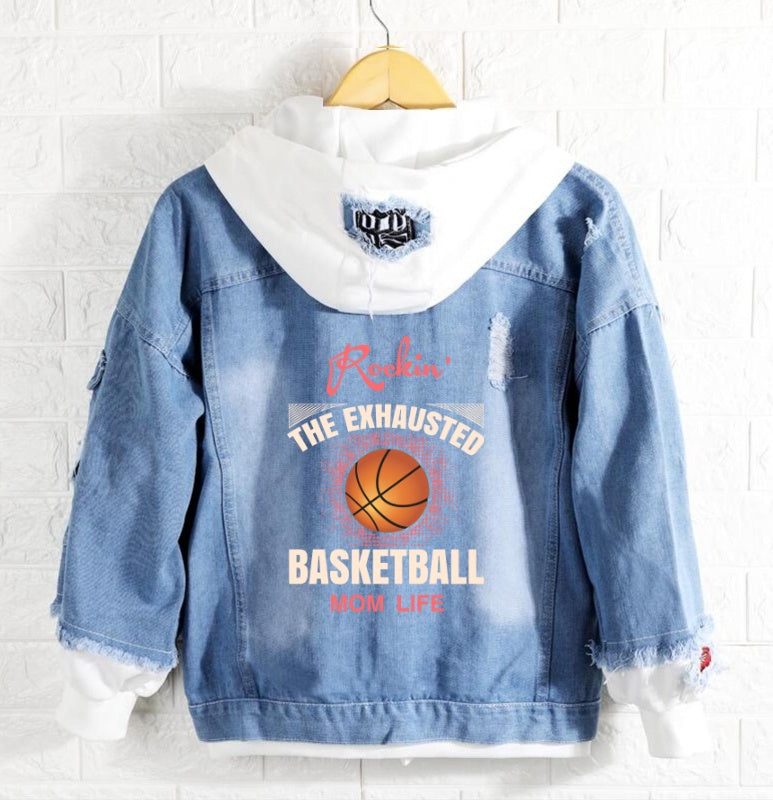 Rockin the exhausted basketball mom life Jeans Denim Hoodie Jacket