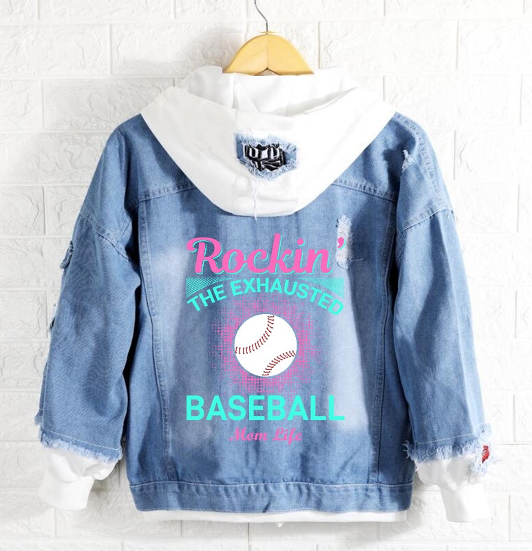 Rockin the the exhausted baseball mom life Jeans Denim Hoodie Jacket