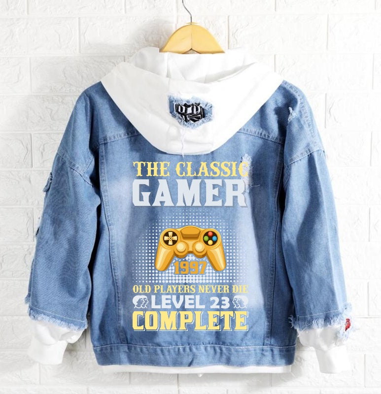 The classic gamer 1997 old player never die level 23 complete Denim Hoodie Jacket