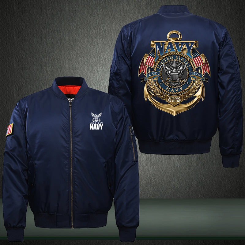 Navy United State Print Thicken Long Sleeve Bomber Jacket