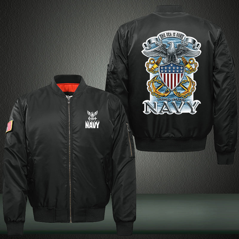 The sea is ours Navy Print Thicken Long Sleeve Bomber Jacket