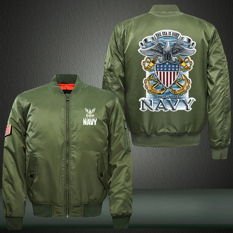 The sea is ours Navy Print Thicken Long Sleeve Bomber Jacket