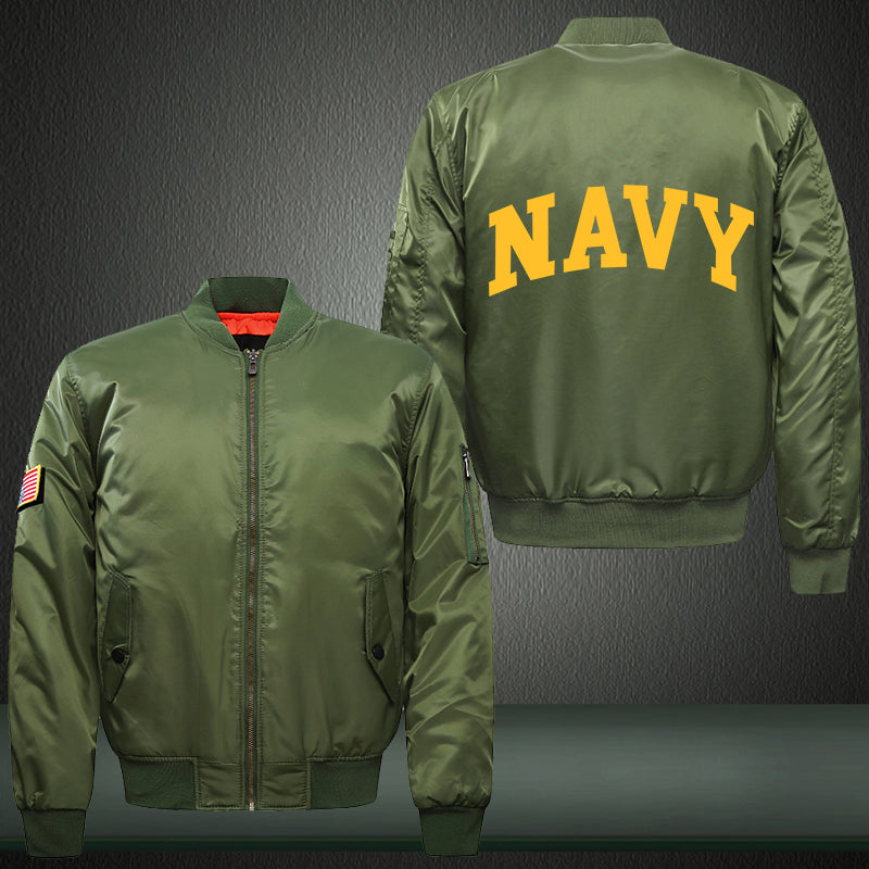 NAVY Yellow font Print Thicken Long Sleeve Bomber Jacket