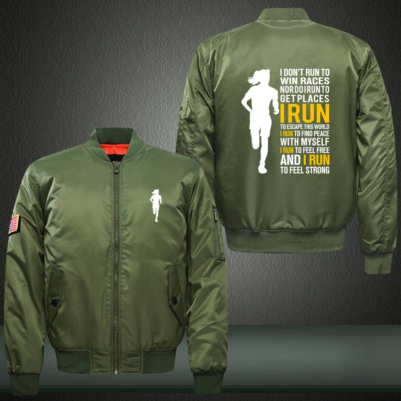 I DON'T RUN TO WIN RACES Print Thicken Long Sleeve Bomber Jacket