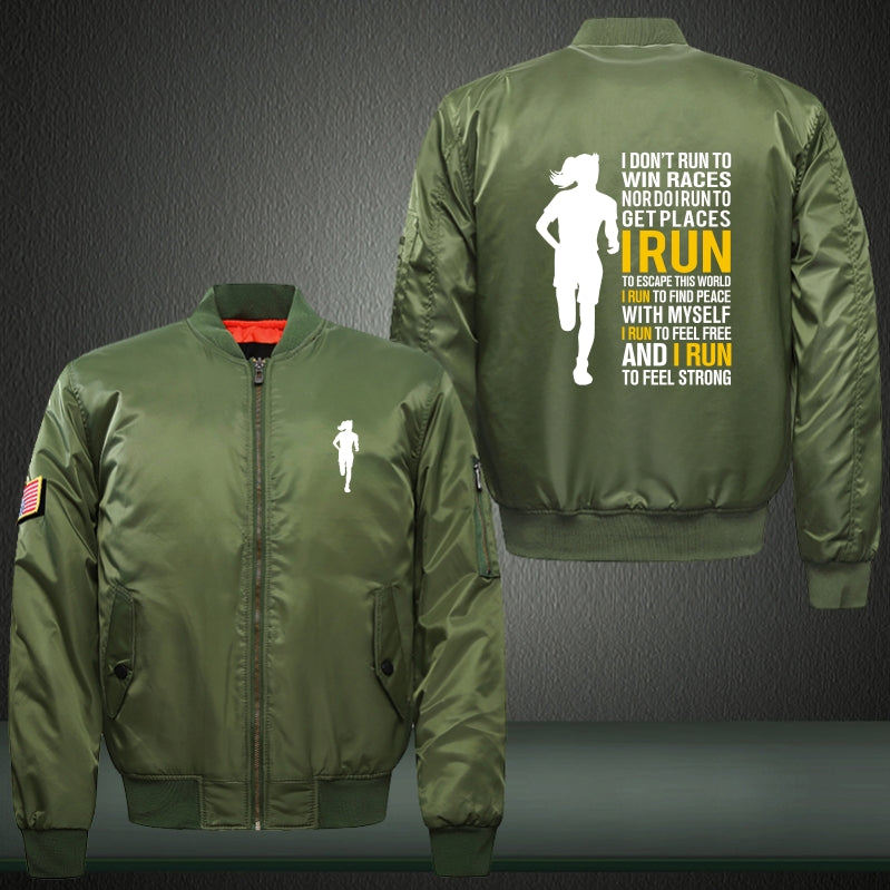 I DON'T RUN TO WIN RACES Print Thicken Long Sleeve Bomber Jacket