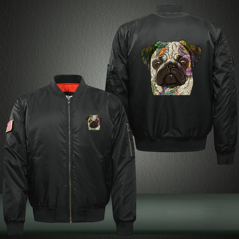 Colorful Pug dog Print Long Sleeve Bomber Jacket