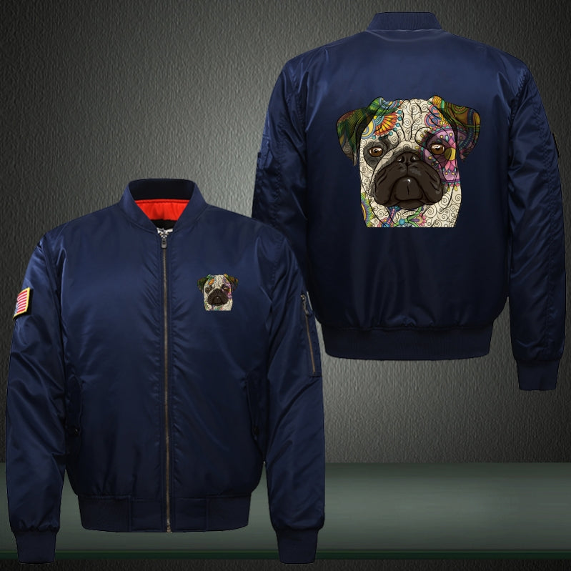 Colorful Pug dog Print Long Sleeve Bomber Jacket