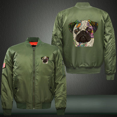 Colorful Pug dog Print Long Sleeve Bomber Jacket