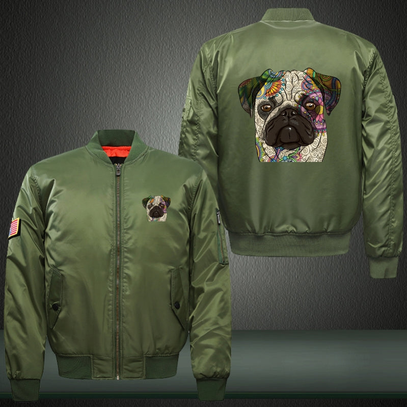 Colorful Pug dog Print Long Sleeve Bomber Jacket