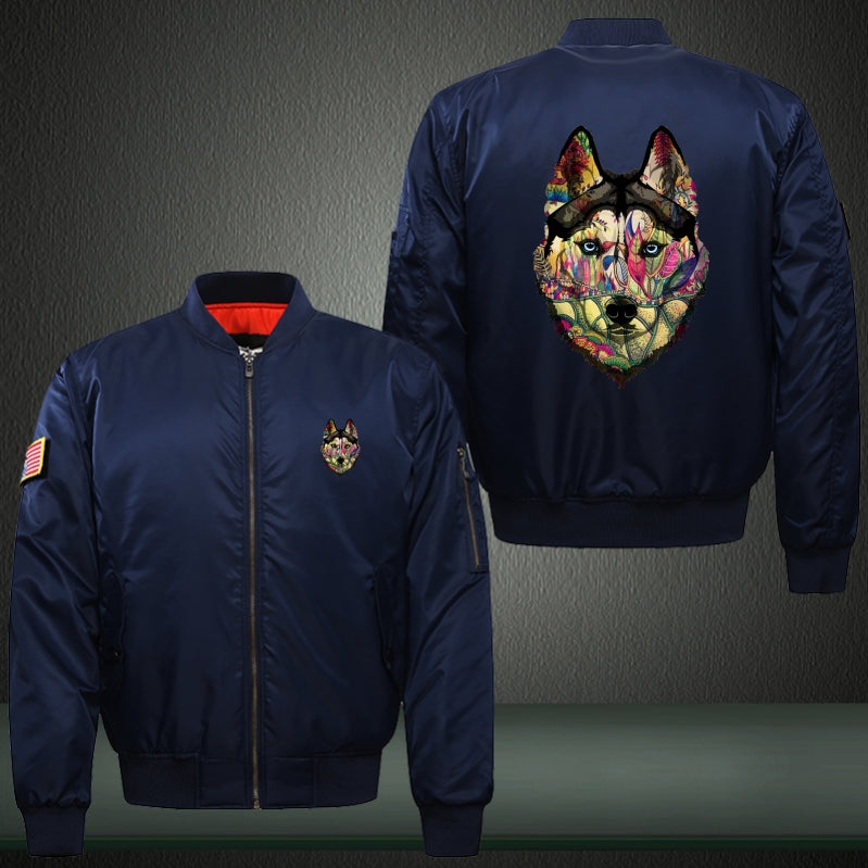 Colorful Wolf Print Long Sleeve Bomber Jacket