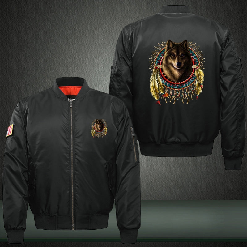 Art decor Wolf Print Long Sleeve Bomber Jacket