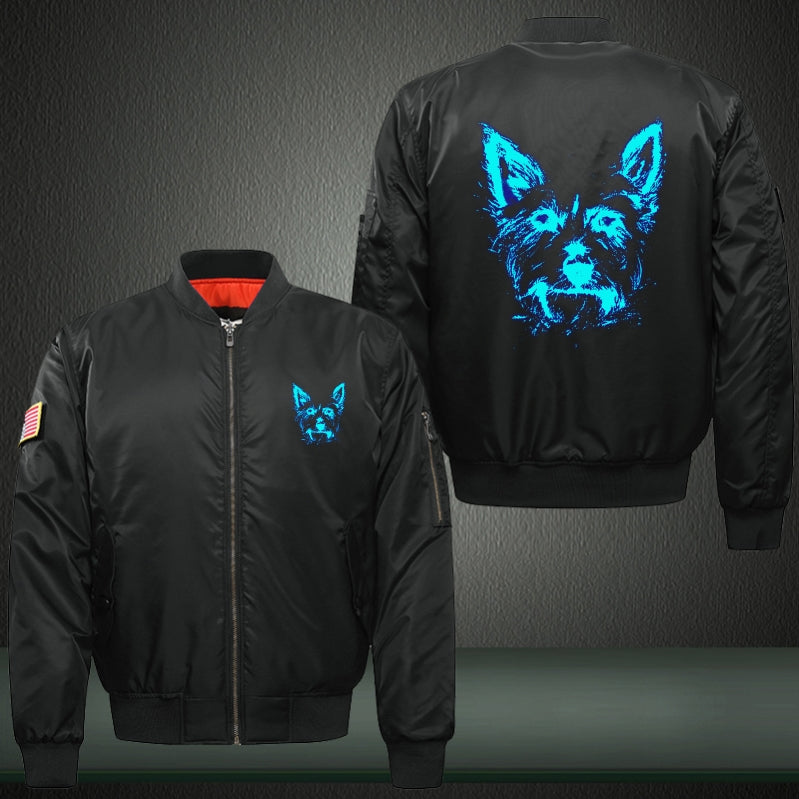Art small terrier dog Luminous Print Thicken Long Sleeve Bomber Jacket