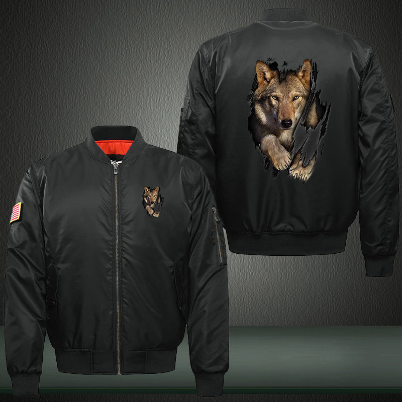 Walking Wolf Print Bomber Jacket