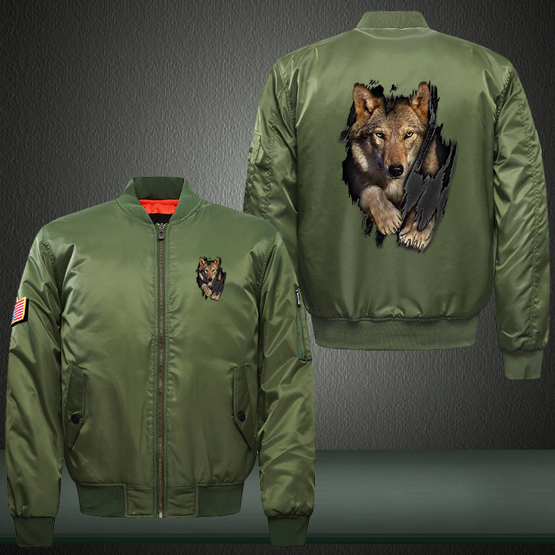 Walking Wolf Print Bomber Jacket
