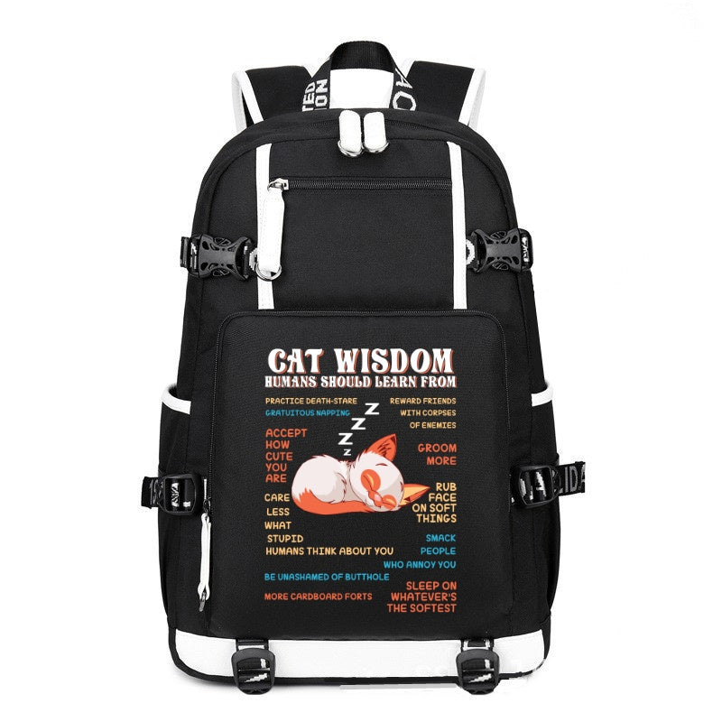 CAT WISDOM HUMANS SHOULD LEARN FROM black printing Canvas Backpack