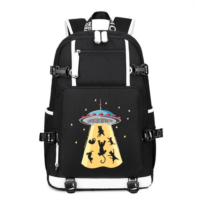 CAT UFO black printing Canvas Backpack