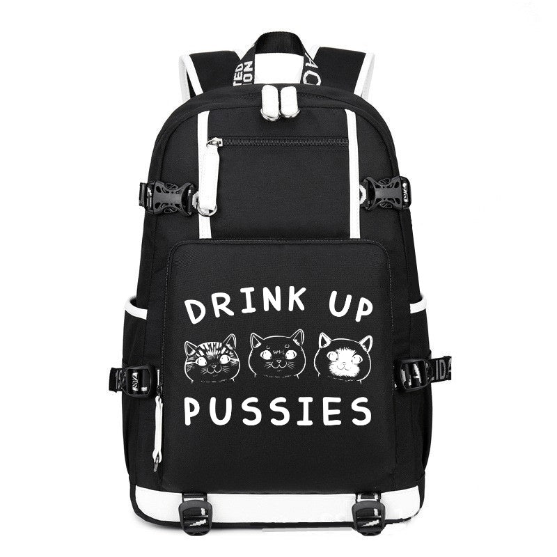 CAT DRINK UP PUSSIES black printing Canvas Backpack
