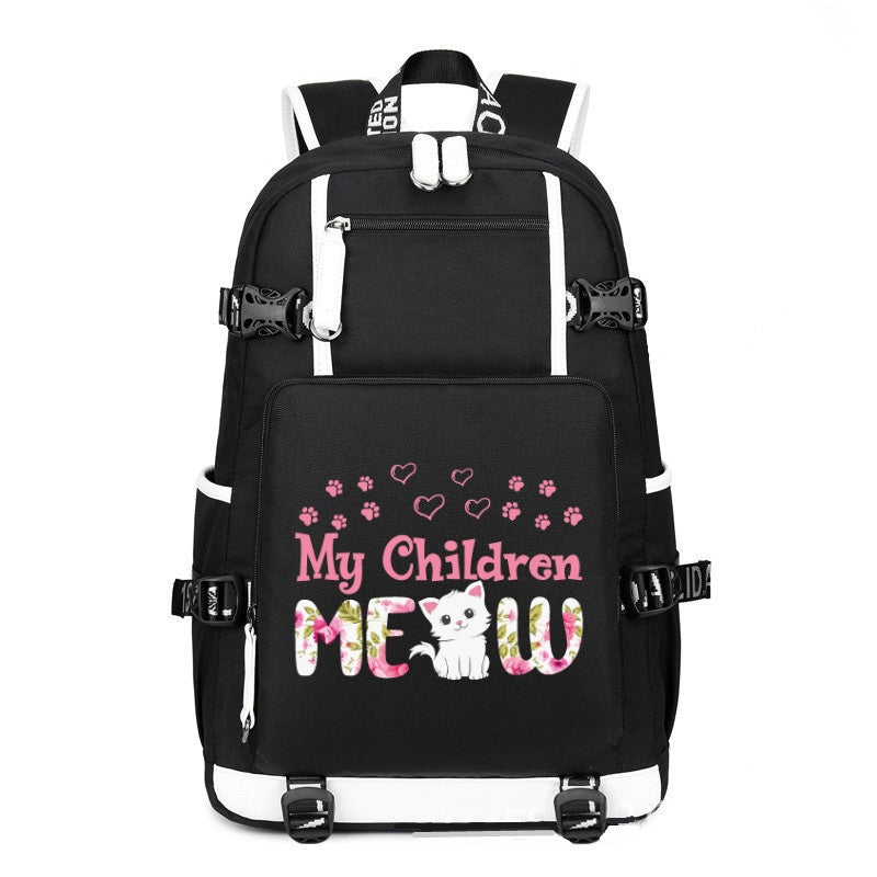 My Children MEOW black printing Canvas Backpack