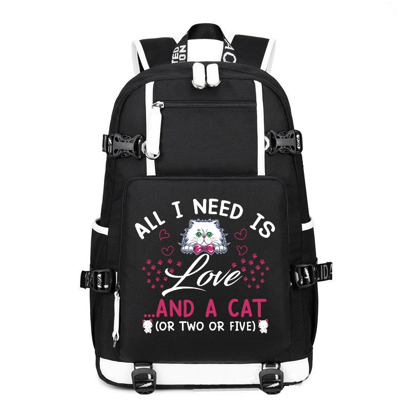 ALL I NEED IS LOVE AND A CAT black printing Canvas Backpack