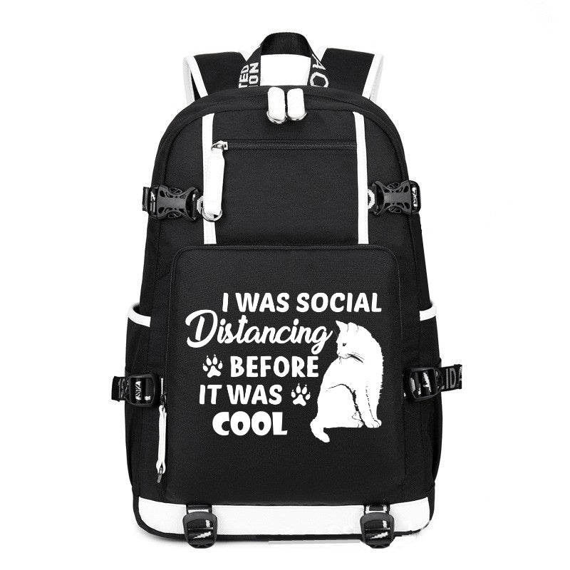 CAT I WAS SOCIAL Distancing BEFORE IT WAS COOL black printing Canvas Backpack