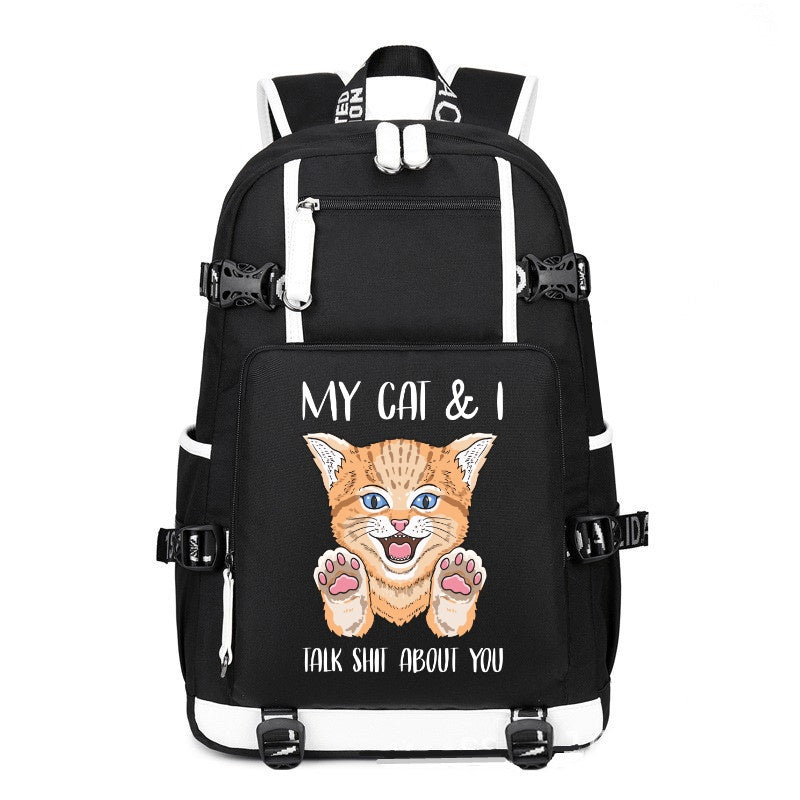 MY CAT & I TALK SHIT ABOUT YOU black printing Canvas Backpack