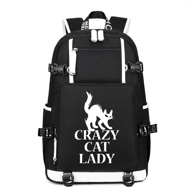 CRAZY CAT LADY black printing Canvas Backpack