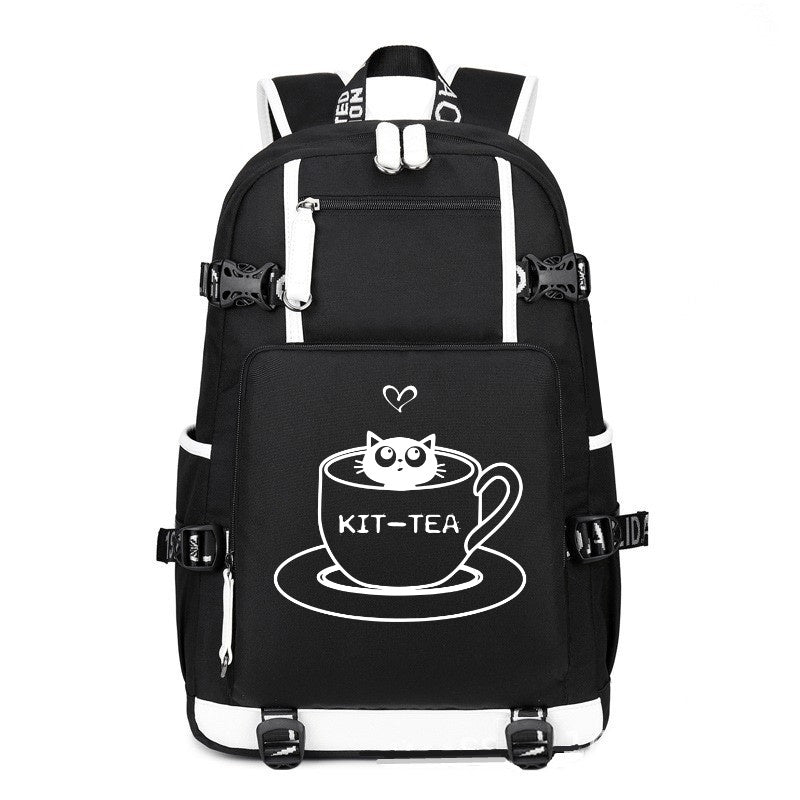 CAT KIT TEA black printing Canvas Backpack