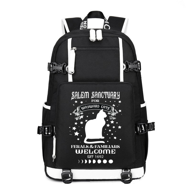 SALEM SANCTUARY FOR WAYWARD CATS black printing Canvas Backpack